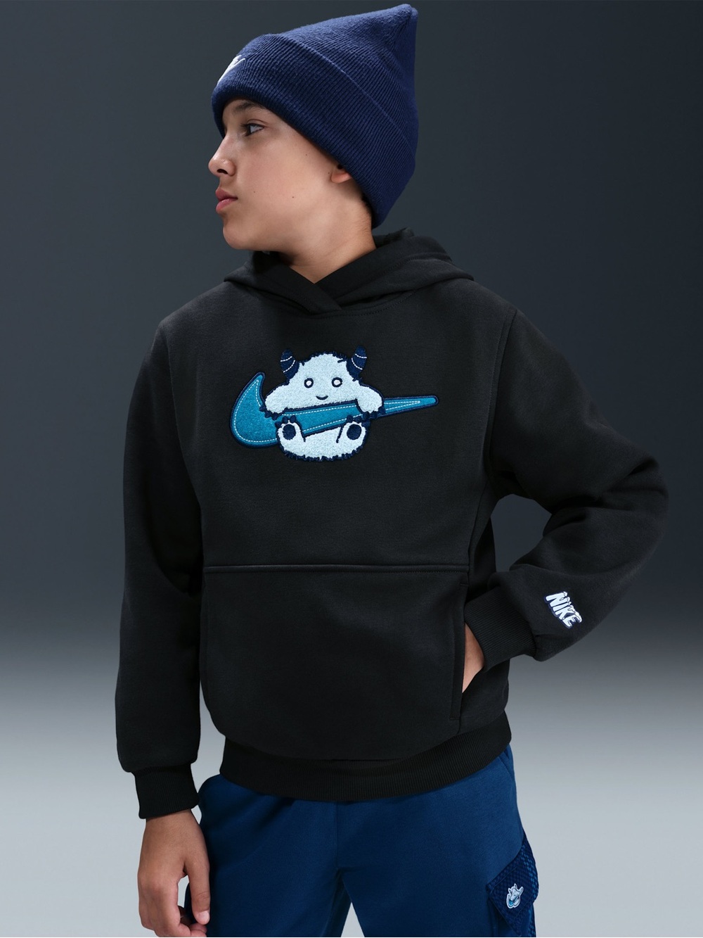 Nike Kids Black Hoodie with Blue Monster & Teal Swoosh